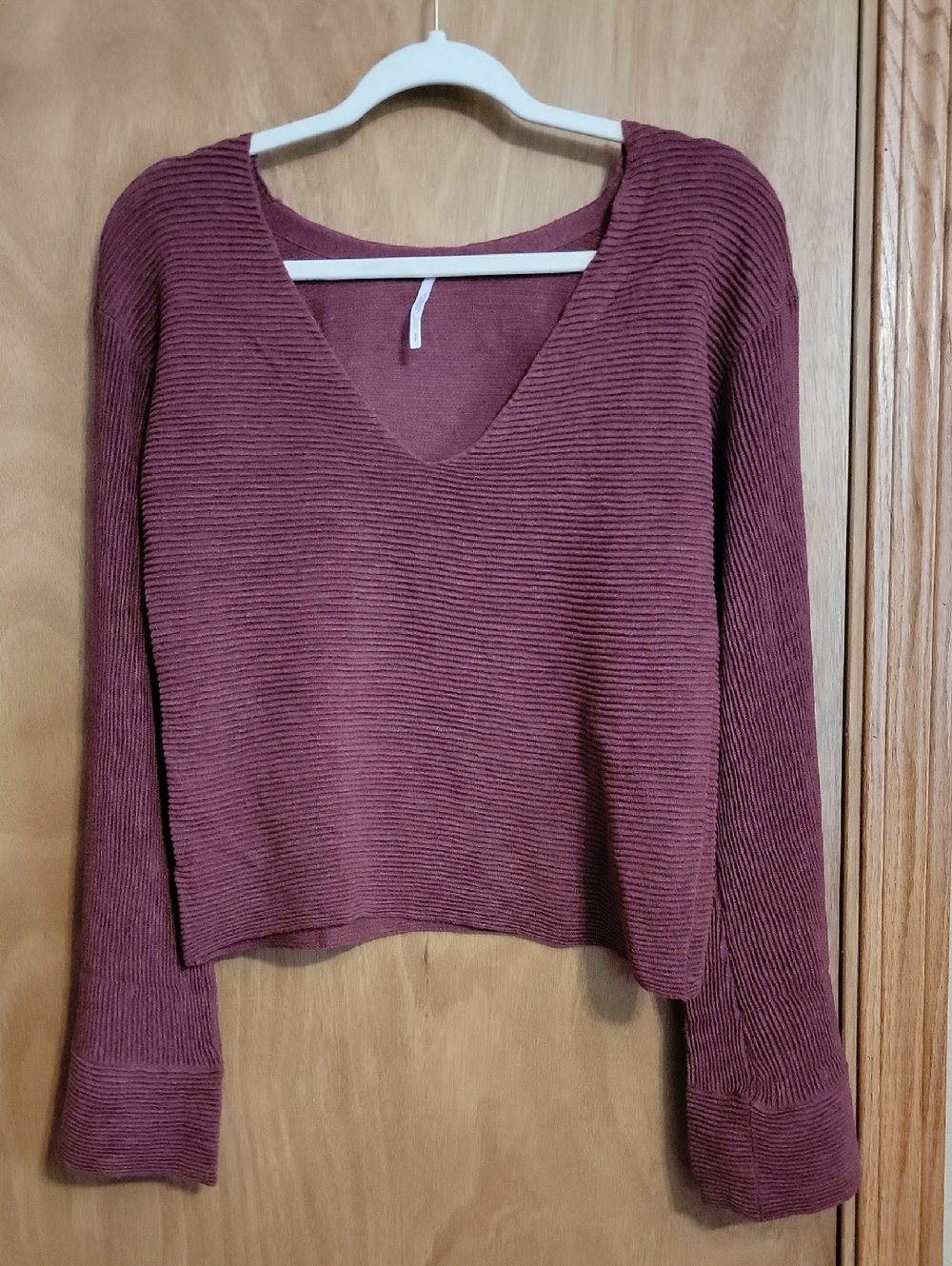 Free People Ribbed V-Neck Sweater in Burgundy